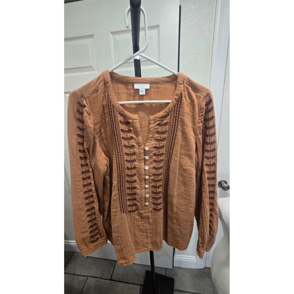 Pure Jill J. Jill Terracotta Orange Embroidered Cotton Gauze Blouse Top Medium